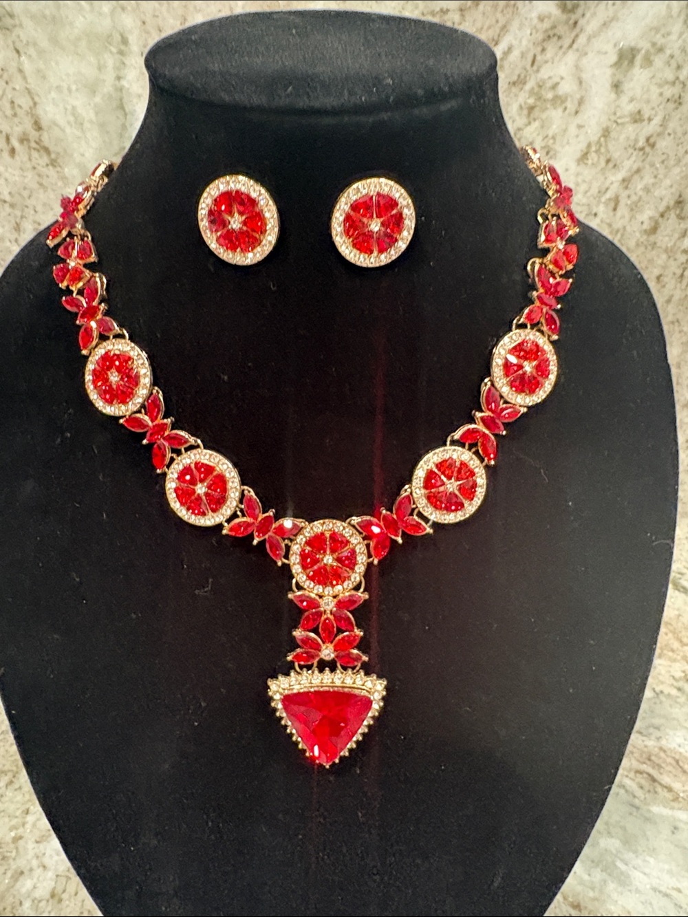 Red Crystal Statement Necklace and Earring Set